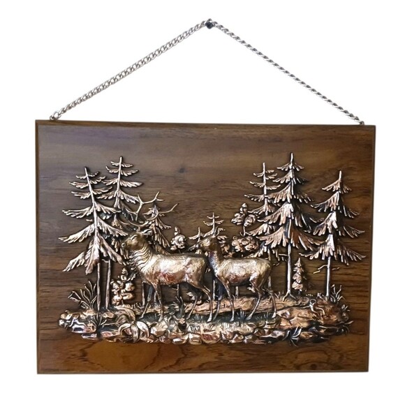 VTG A & F Deer Elk Wildlife 3D Wood Wall Plaque Hanging Copper Tone Rustic Decor - Picture 1 of 4